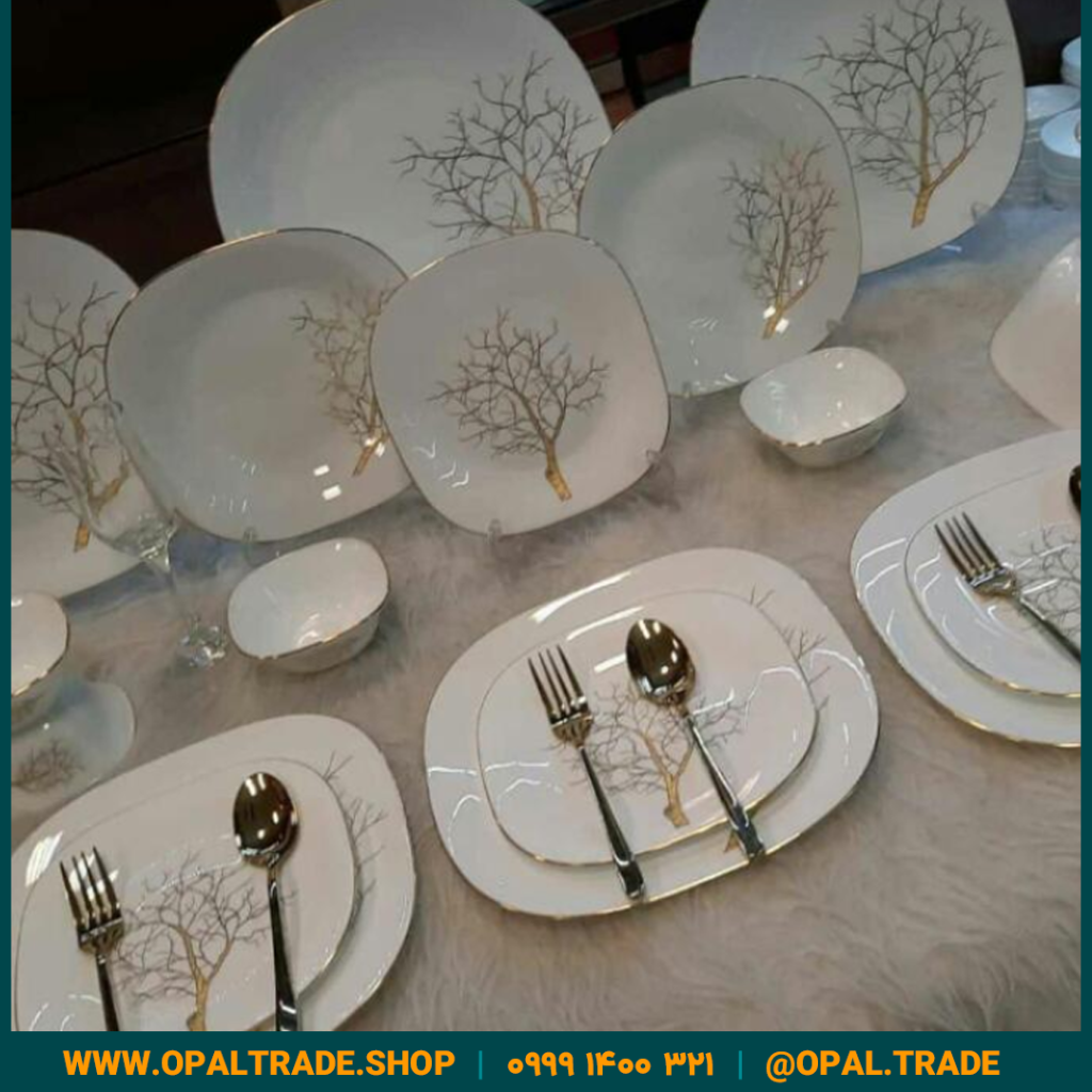سرویس 26 پارچه طلادار مقصود درخت طلا لب طلا قالب چهارگوش کد 50150