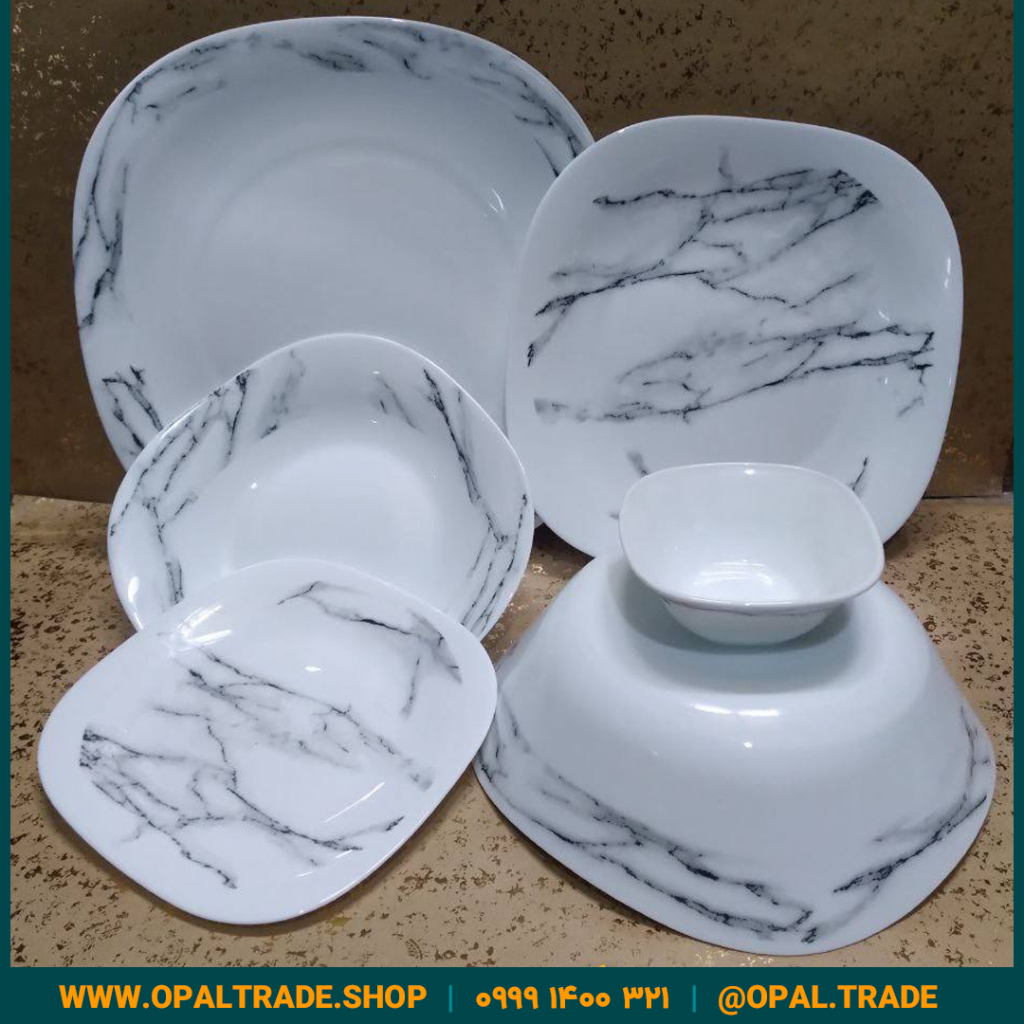 سرویس 26 پارچه طلادار مقصود ماربل مشکی قالب چهارگوش کد 50155