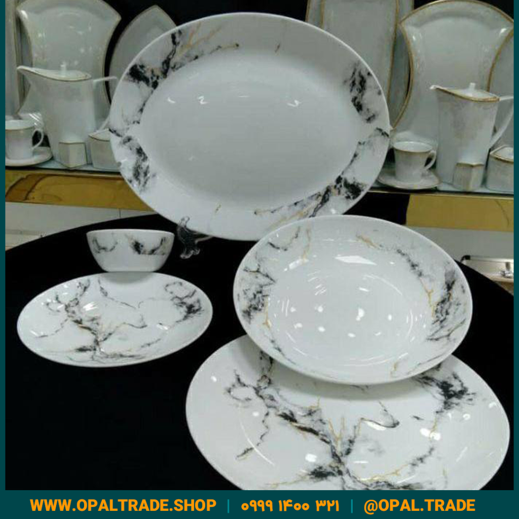 سرویس 26 پارچه طلادار مقصود ماربل طلایی لب طلا قالب گرد کد 50162