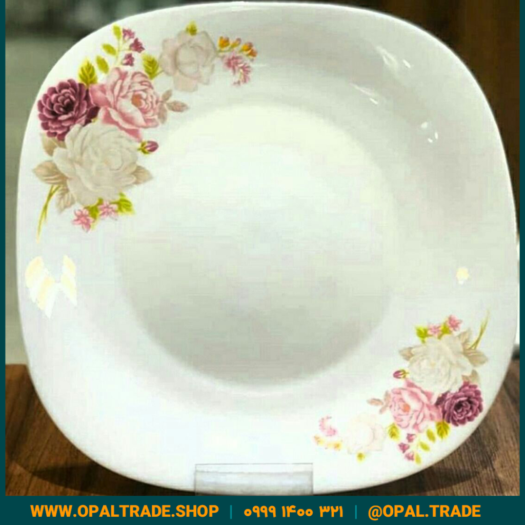 سرویس 26 پارچه طرحدار مقصود المینا صورتی قالب چهارگوش کد 50142