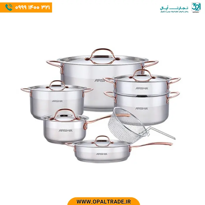 opaltrade-products-arshia-2699-82183-1 2699 سرویس قابلمه 12 پارچه استیل دسته مسی کد 82183
