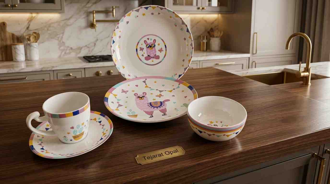 سرویس چینی کودک، ظروف غذاخوری نوزاد، قیمت سرویس ۵ پارچه کودک، چینی تجارت اپال، سرویس کودک طرح لاما، ظروف چینی نشکن کودک.