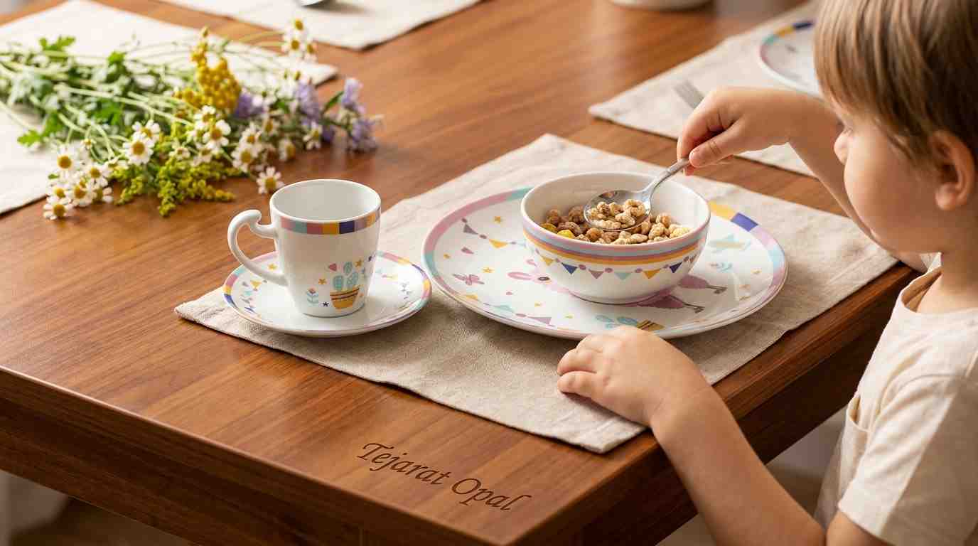 سرویس چینی کودک، ظروف غذاخوری نوزاد، قیمت سرویس ۵ پارچه کودک، چینی تجارت اپال، سرویس کودک طرح لاما، ظروف چینی نشکن کودک.